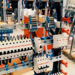 Rozdzielnica elektryczna z zabezpieczeniami nadprądowymi i listwami zaciskowymi, widoczne przewody w kolorach niebieskim i czarnym, montaż na szynie DIN, tło warsztatowe.