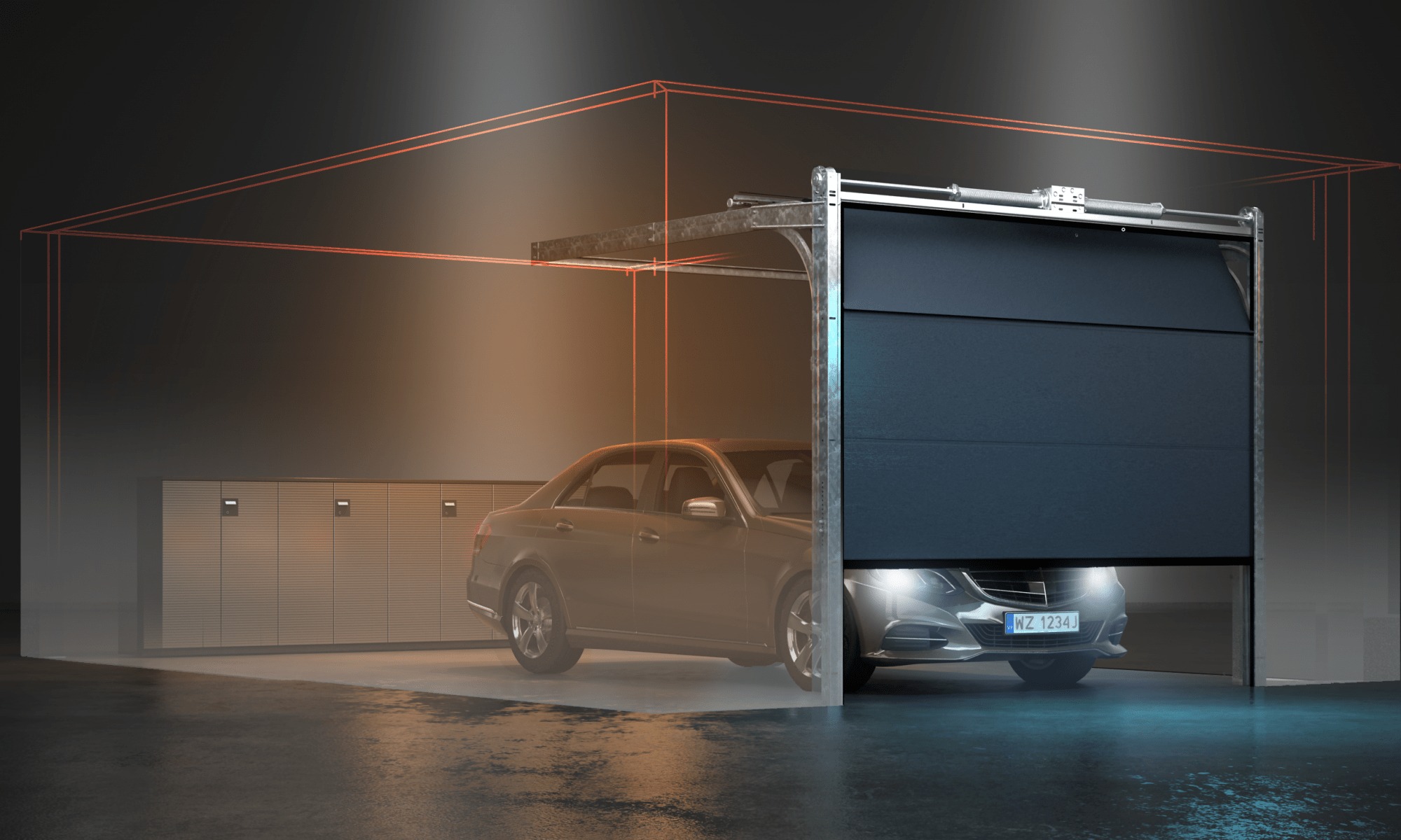 Półotwarta segmentowa brama garażowa w kolorze antracytowym, z widocznym mechanizmem i samochodem osobowym wewnątrz garażu, podświetlona listwami LED wzdłuż krawędzi.