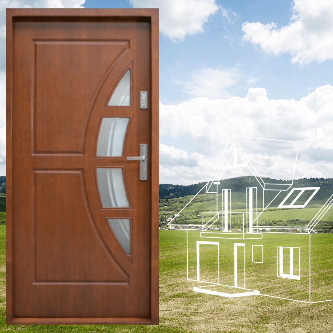 Brązowe drzwi zewnętrzne z przeszkleniami na tle krajobrazu z rysunkiem domu w perspektywie.