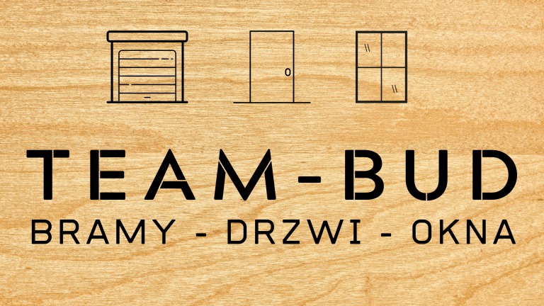 Grafika firmy TEAM-BUD prezentująca ikony bramy garażowej, drzwi i okna na tle drewnianej tekstury.