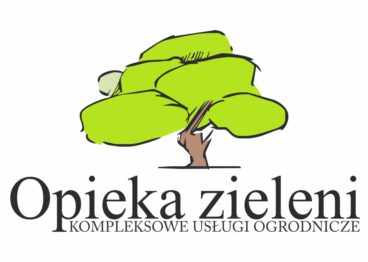 Logo firmy 'Opieka zieleni' z rysunkiem stylizowanego drzewa o zielonej koronie i brązowym pniu, pod napisem 'KOMPLEKSOWE USŁUGI OGRODNICZE'.
