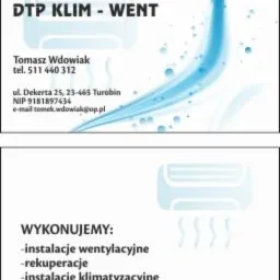 Wizytówka firmy DTP KLIM - WENT z danymi kontaktowymi: imię i nazwisko, numer telefonu, adres, NIP i adres e-mail, oferującej instalacje wentylacyjne, rekuperacje i klimatyzacje, z graficznym...