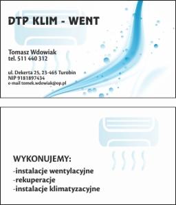 Wizytówka firmy DTP KLIM - WENT z danymi kontaktowymi: imię i nazwisko, numer telefonu, adres, NIP i adres e-mail, oferującej instalacje wentylacyjne, rekuperacje i klimatyzacje, z graficznym...