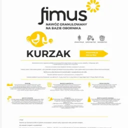 Opakowanie granulowanego nawozu na bazie obornika kurzego marki Fimus, z informacjami o składzie, zastosowaniu i środkach ostrożności.