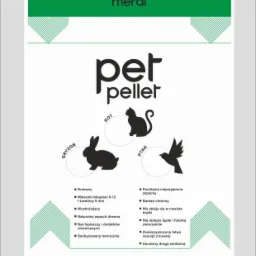 Grafika informacyjna prezentująca właściwości pelletu dla zwierząt domowych, z sylwetkami kota, królika i ptaka, oraz hasłem 'per pellet' i logo firmy 'meral'.