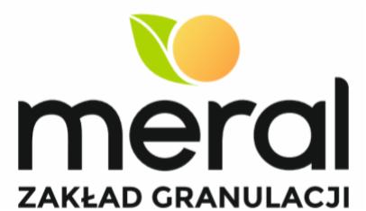 Logo firmy 'meral ZAKŁAD GRANULACJI' z zielonym liściem i pomarańczową kulką nad nazwą, czarny napis na białym tle.
