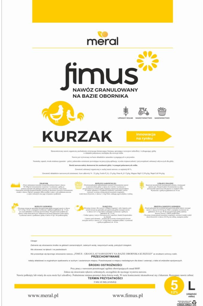 Opakowanie granulowanego nawozu na bazie obornika kurzego marki Fimus, z informacjami o składzie, zastosowaniu i środkach ostrożności.