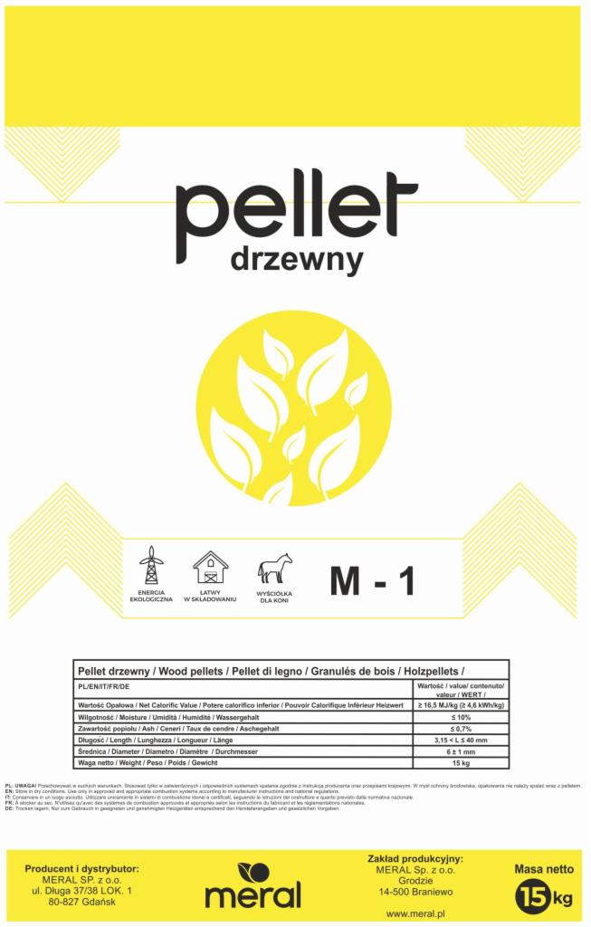 Grafika informacyjna z detalami technicznymi i logiem producenta pelletu drzewnego MERAL, wskazująca na ekologiczne źródło energii, łatwość składowania i możliwość wykorzystania jako wyściółka...