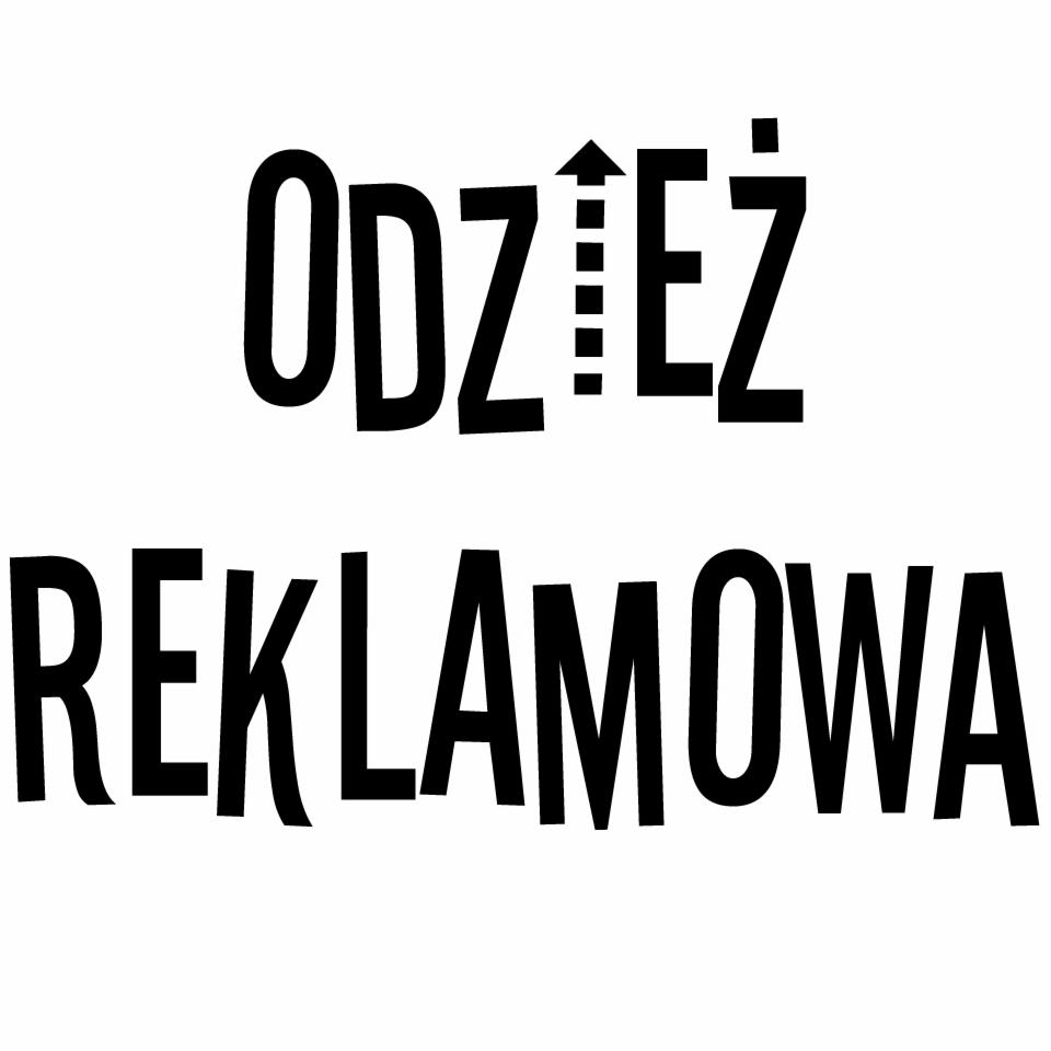 Czarny napis 'ODZIEŻ REKLAMOWA' na białym tle, litera 'Ż' z symbolem strzałki w górę.