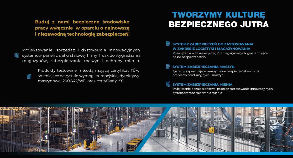 Ilustracja z wizualizacją magazynu z regałami i wózkami widłowymi, prezentująca ofertę systemów zabezpieczeń i przegród magazynowych firmy Troax.