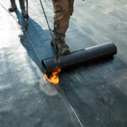 Praca dekarska: palnik w akcji, zgrzewanie papy na dachu. Widoczne buty robocze dekarza i rolka papy. Detal płomienia i struktury materiału.