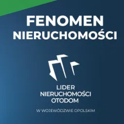Grafika z napisem 'Fenomen Nieruchomości', logo 'Lider Nieruchomości Otodom' w województwie opolskim, na ciemnoniebieskim tle z zielonym elementem w rogu.