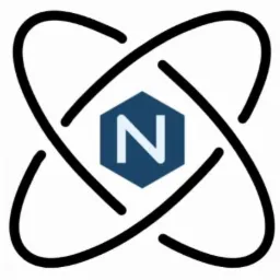 Logo firmy z abstrakcyjnym symbolem atomu i literą N w niebieskim heksagonie.