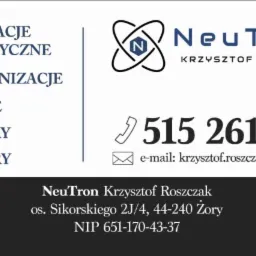 Wizytówka firmy Neutron Krzysztof Roszczak oferującej instalacje elektryczne, modernizacje, usuwanie awarii, pomiary i odbiory, z logo firmy, numerem telefonu i adresem e-mail.