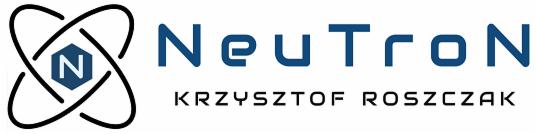 Logo firmy Neutron Krzysztof Roszczak z symbolem atomu i nazwą firmy w kolorze niebieskim.