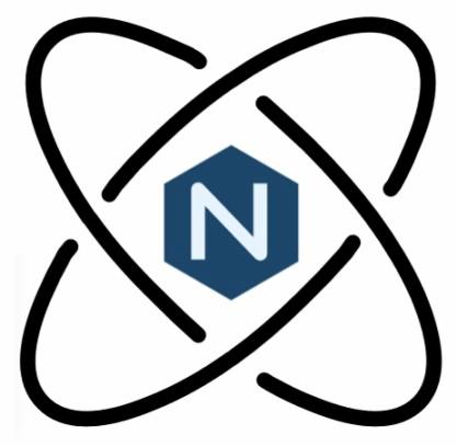 Logo firmy z abstrakcyjnym symbolem atomu i literą N w niebieskim heksagonie.