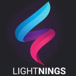 Abstrakcyjne logo firmy Lightnings: stylizowany symbol błyskawicy w gradientach kolorów niebieskiego, fioletowego i różowego na ciemnoszarym tle.