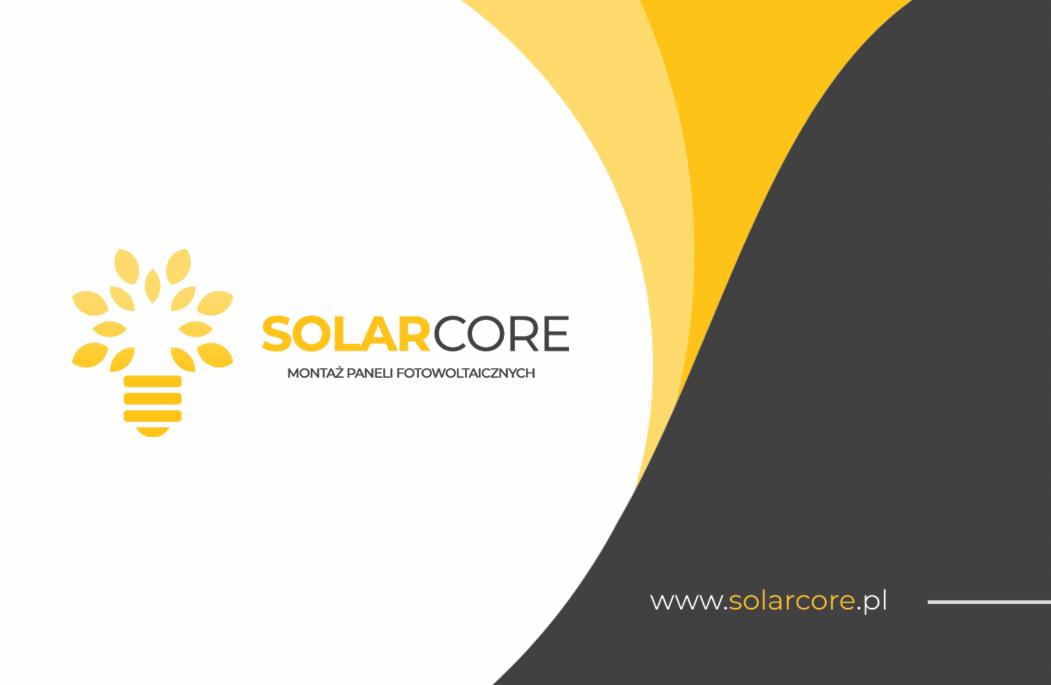 Grafika z logo SolarCore, przedstawiająca stylizowaną żarówkę z liści i napis 'Montaż paneli fotowoltaicznych' na białym tle z żółto-szarymi elementami graficznymi i adresem strony internetowej.
