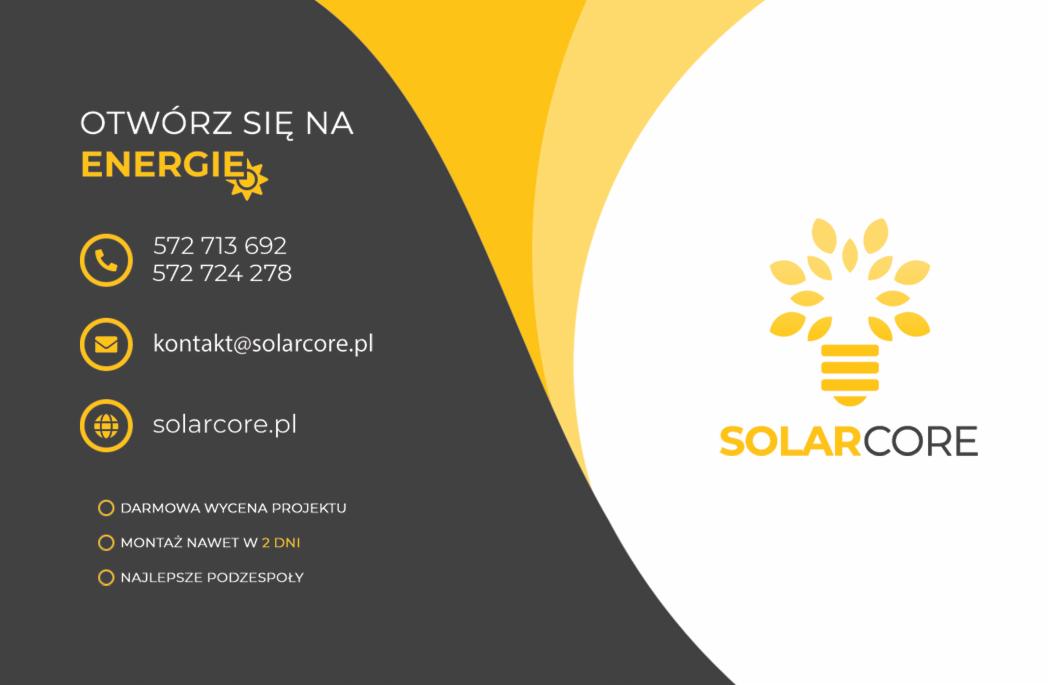 Wizytówka firmy Solarcore z logo przedstawiającym żarówkę z liści, numerami telefonów, adresem e-mail, adresem strony internetowej oraz informacjami o darmowej wycenie projektu, montażu w 2 dni...