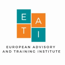 Logo European Advisory and Training Institute (EATI) składające się z czterech kwadratów w kolorach pomarańczowym i turkusowym, z białymi literami E, A, T, I. Pod spodem pełna nazwa instytutu.
