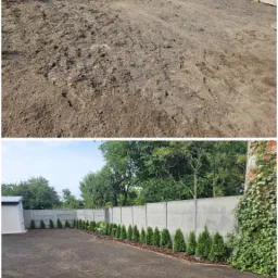 Porównanie stanu działki przed i po wyrównaniu terenu i nasadzeniu szpaleru iglaków wzdłuż betonowego ogrodzenia.