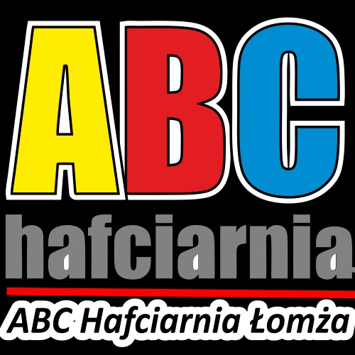 Logo firmy ABC Hafciarnia Łomża z dużymi literami ABC w kolorach żółtym, czerwonym i niebieskim, oraz napisem 'hafciarnia' w kolorze szarym, podkreślonym czerwoną linią.