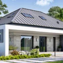 Nowoczesny dom jednorodzinny z płaskim dachem i lukarnami, elewacja w bieli i szarości, zadbany ogr&oacute;d z kwitnącymi kwiatami i ścieżką z płyt.