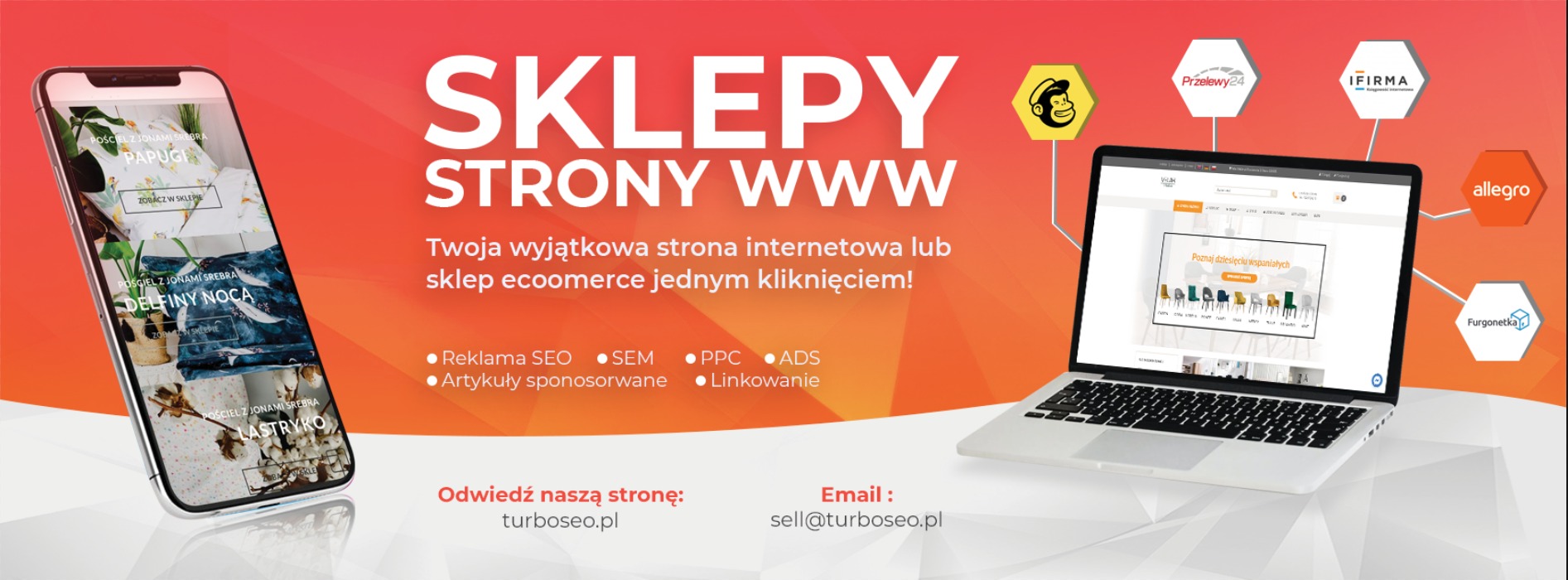 Reklama usług tworzenia stron i sklepów internetowych: smartfon wyświetla przykładowy sklep z pościelą, a laptop prezentuje sklep z krzesłami na pomarańczowym tle z logotypami Przelewy24, iFirma...