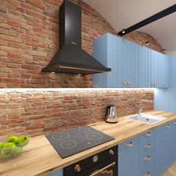 BOHO STUDIO - Wizualizacja kuchni z ceglaną ścianą, błękitnymi szafkami z nietypowymi uchwytami, czarnym okapem Amica i piekarnikiem z złotymi detalami, drewnianym blatem i miską zielonych jabłek.