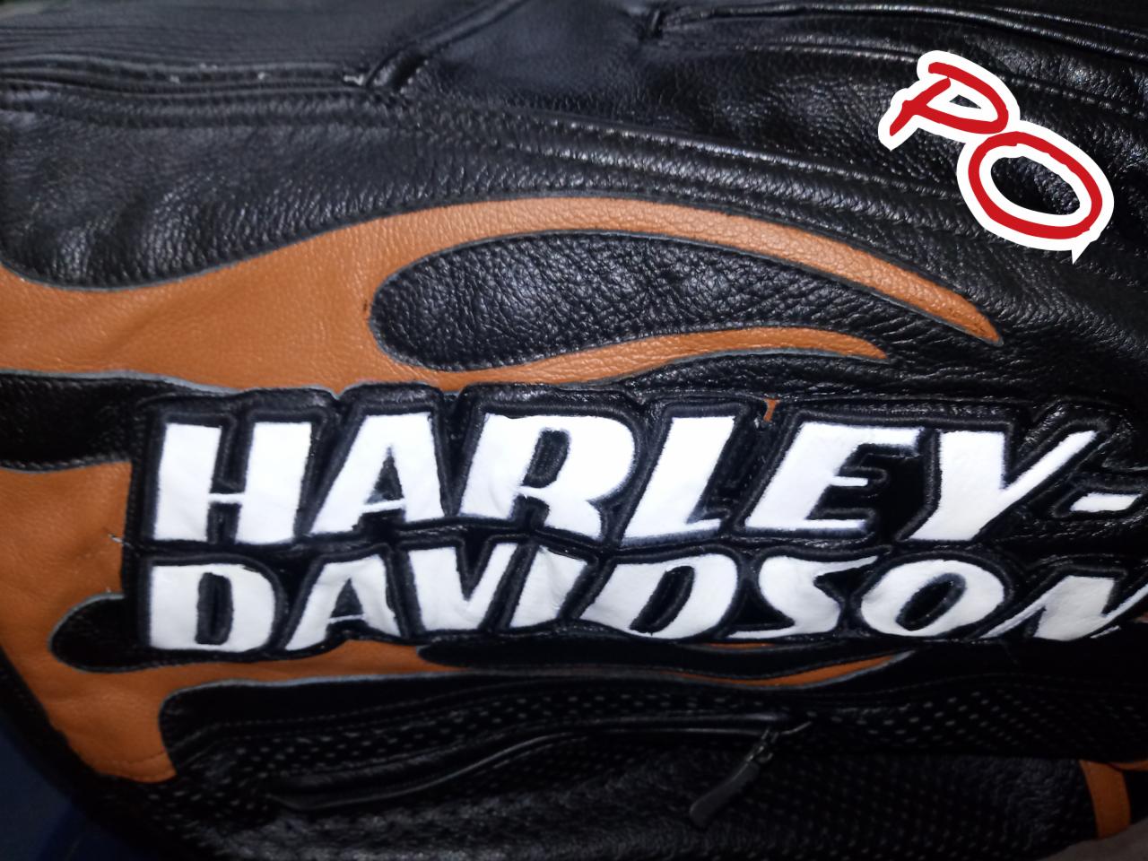 Fragment czarnej skórzanej kurtki motocyklowej z brązowymi elementami i dużym, białym napisem 'HARLEY-DAVIDSON'.