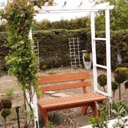 Drewniana ławka ogrodowa pod białą pergolą, porośniętą pnącą rośliną, z widocznymi elementami dekoracyjnymi ogrodu, takimi jak białe kamienie i topiary z bukszpanu.