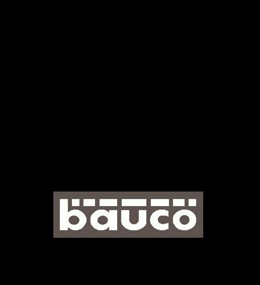 Logo firmy Bauco na ciemnym tle, biały napis w szarym prostokącie.