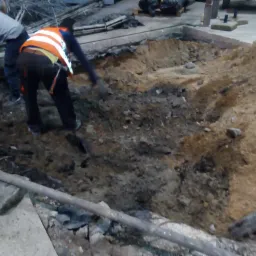 Dwóch pracowników w kamizelkach odblaskowych kopie dół w ziemi, widoczne narzędzia i wykopana ziemia. Prace ziemne wewnątrz budynku.