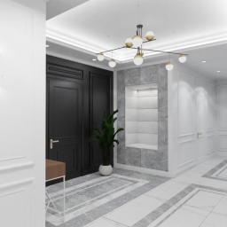 Moonfield Studio - Elegancki hol w stylu klasycznym z czarnymi drzwiami, marmurową podłogą i nowoczesnym oświetleniem wiszącym nad rośliną doniczkową.