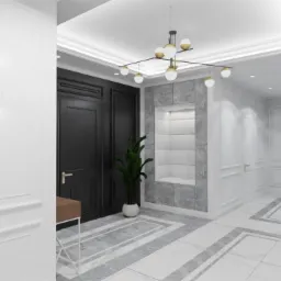 Elegancki hol w stylu klasycznym z czarnymi drzwiami, marmurową podłogą i nowoczesnym oświetleniem wiszącym nad rośliną doniczkową.