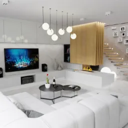 Nowoczesny salon z białym narożnikiem, wiszącymi lampami kulami, obudową kominka z drewnianymi lamelami i schodami z podświetlanymi stopniami.