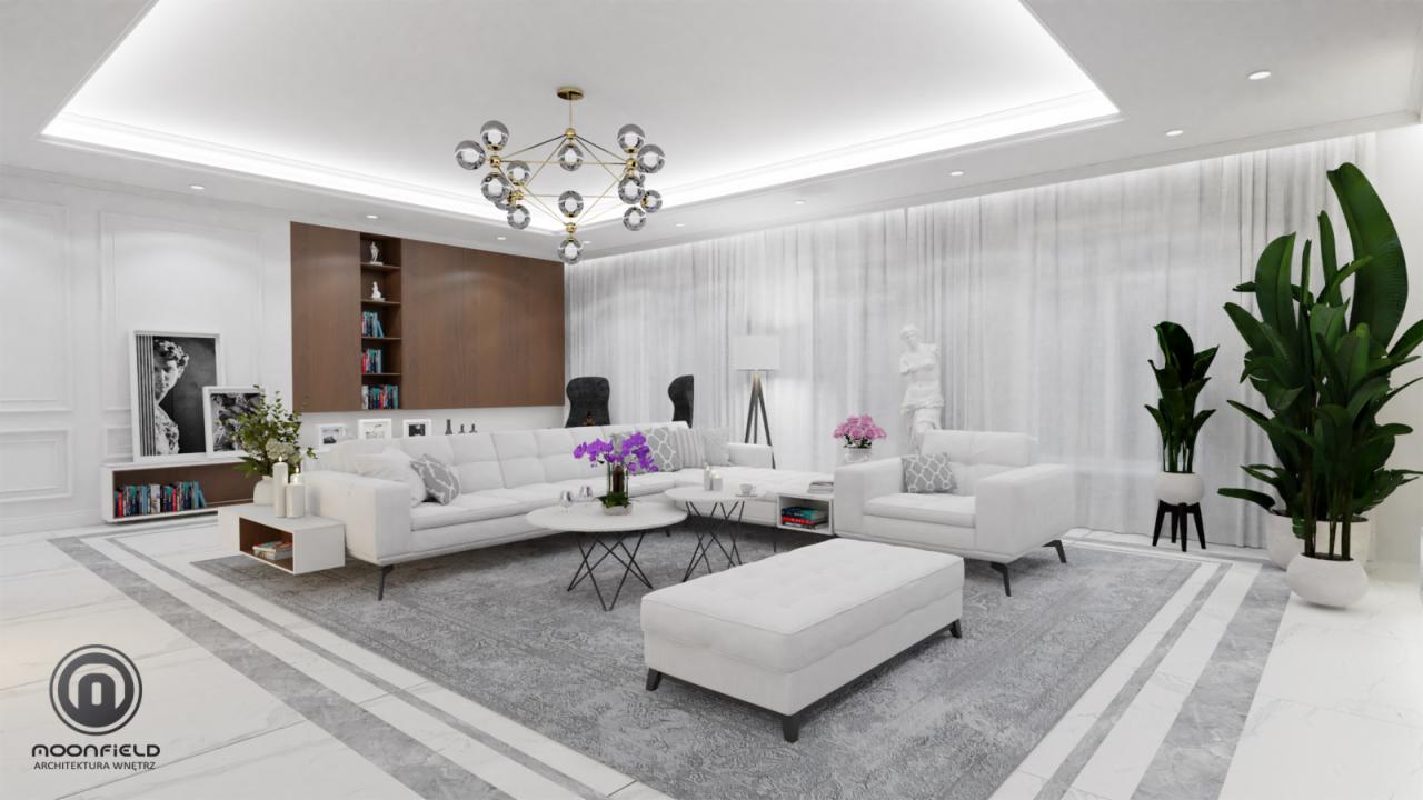 Wizualizacja salonu w jasnych barwach z marmurową podłogą, białymi meblami, szarym dywanem, nowoczesnym żyrandolem i roślinami doniczkowymi, z logo firmy Moonfield w lewym dolnym rogu.