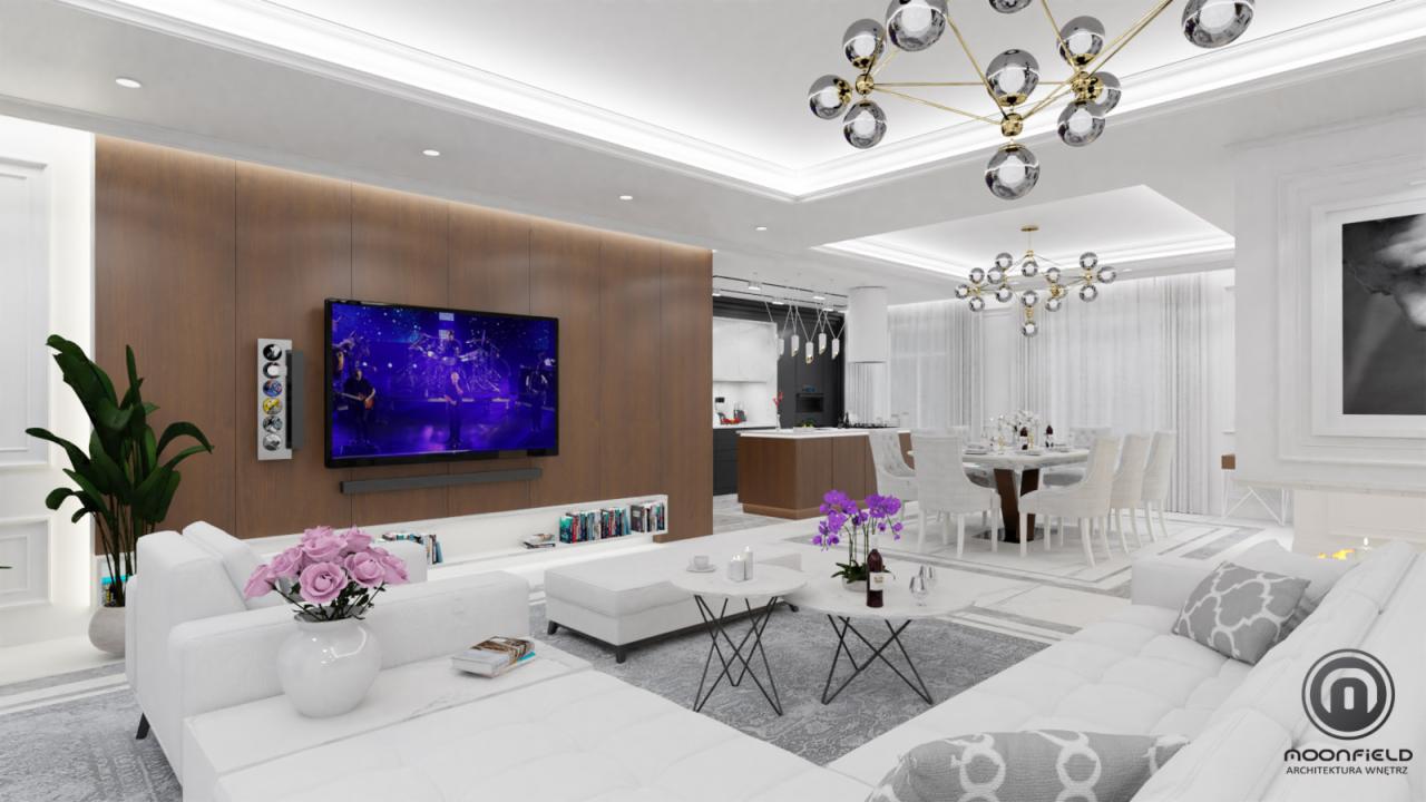 Wizualizacja przestronnego salonu z otwartą kuchnią i jadalnią, utrzymanego w bieli i brązach, z nowoczesnym oświetleniem i minimalistycznym wystrojem.