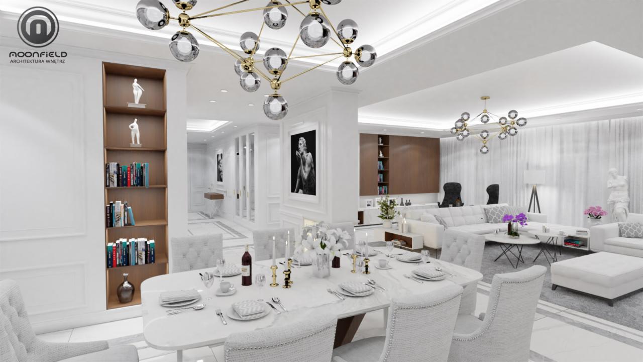 Eleganckie wnętrze jadalni i salonu w jasnej tonacji, z marmurową podłogą, ozdobnymi sztukateriami, nowoczesnymi lampami wiszącymi i stylowo nakrytym stołem.