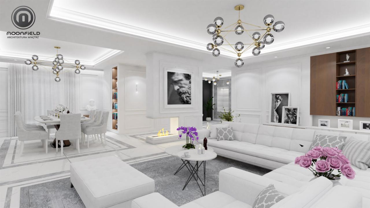 Eleganckie, jasne wnętrze salonu z jadalnią, białe meble, marmurowa podłoga, nowoczesny kominek i designerskie lampy wiszące.