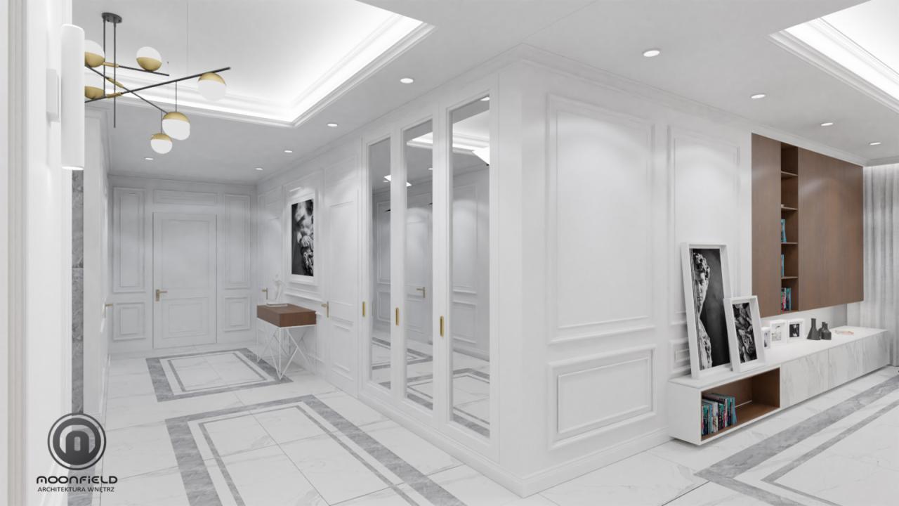 Eleganckie wnętrze w bieli z marmurową posadzką i złotymi akcentami, oświetlone nowoczesną lampą wiszącą, z wbudowaną szafą z lustrzanymi drzwiami i dekoracyjnymi obrazami.