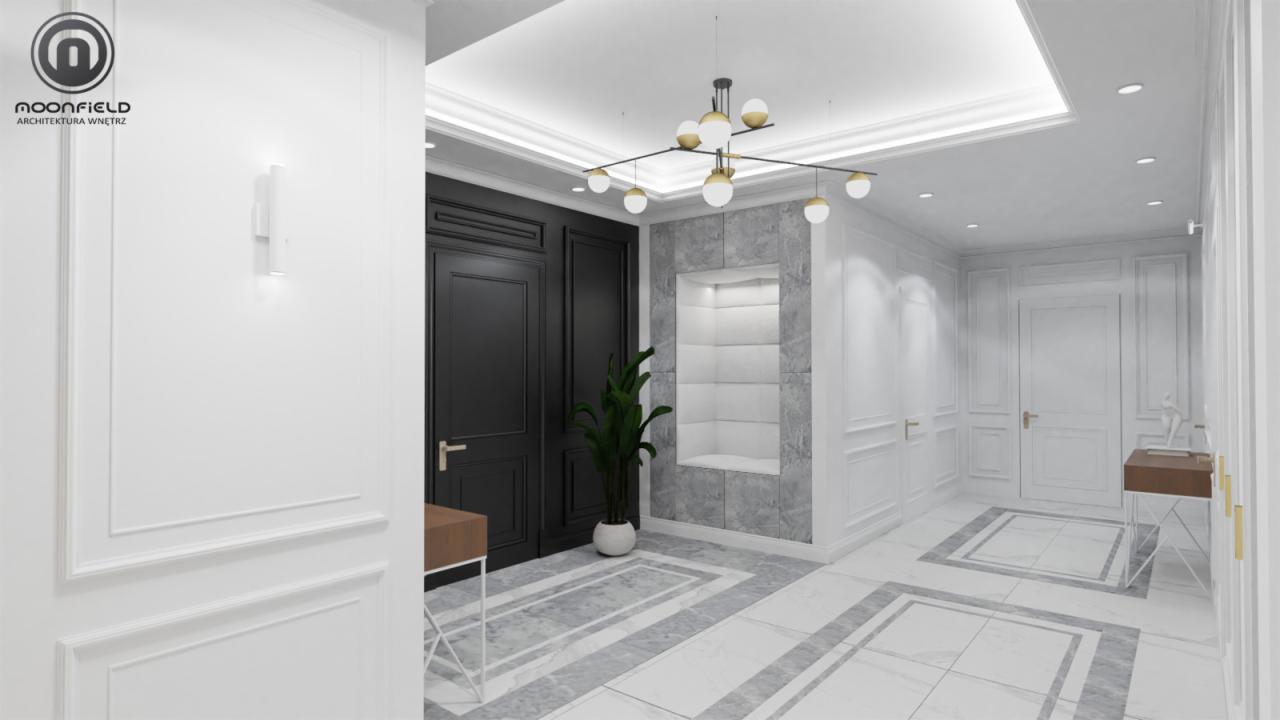 Elegancki hol w stylu klasycznym z czarnymi drzwiami, marmurową podłogą i nowoczesnym oświetleniem wiszącym nad rośliną doniczkową.