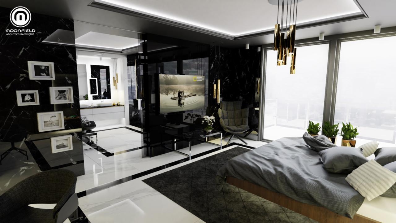 Nowoczesna sypialnia z łazienką w stylu glamour, czarne marmurowe ściany, biała marmurowa podłoga z czarnymi akcentami, duże okna z widokiem na miasto, wisząca lampa z złotymi elementami.