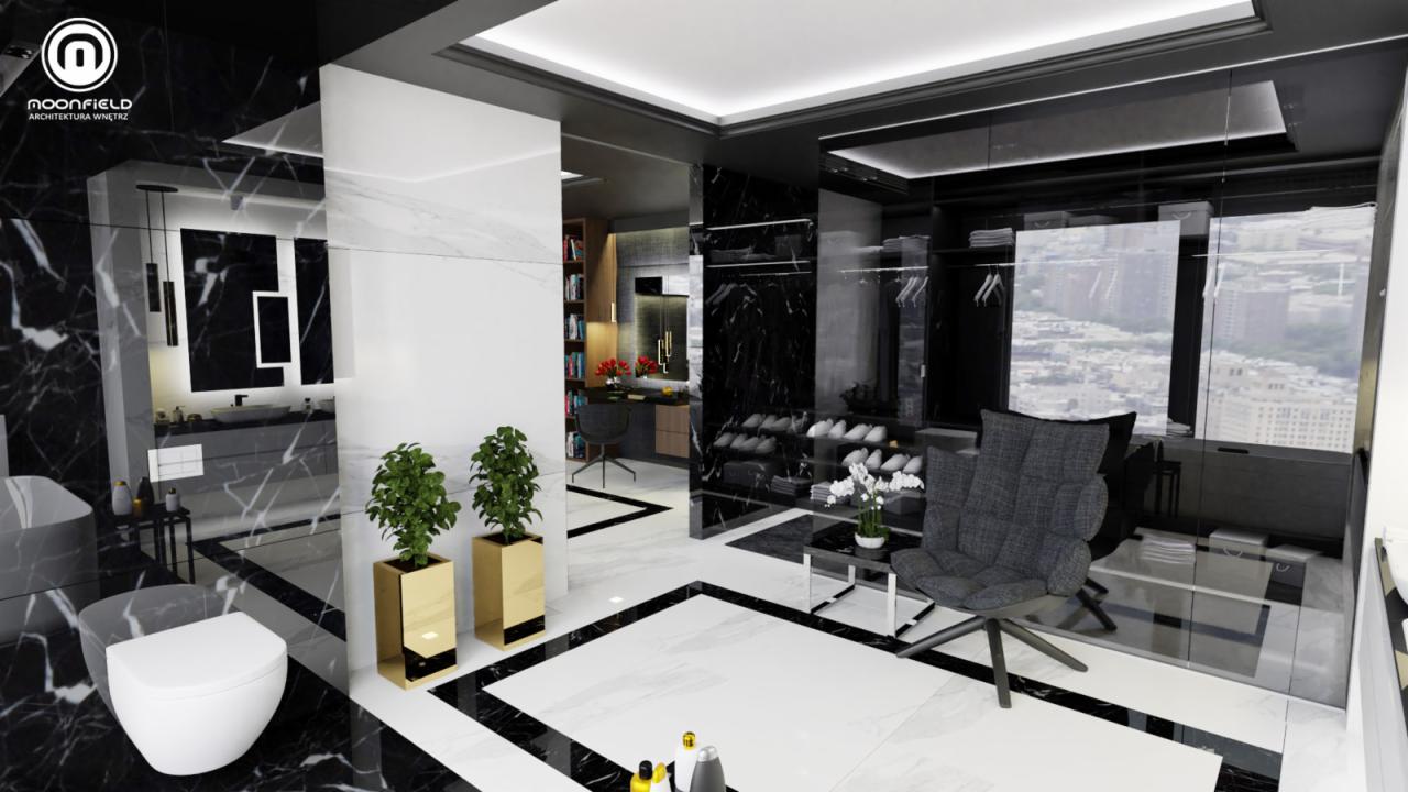 Wizualizacja luksusowej łazienki z czarno-białymi marmurowymi ścianami i podłogą, toaleta bezkołnierzowa, złote donice z roślinami, widok na garderobę z szafami i krzesłem obrotowym, za oknem...