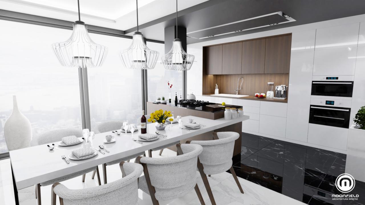 Wizualizacja nowoczesnej kuchni z jadalnią: biały stół z nakryciem, krzesła z plecionym oparciem, wiszące lampy o ażurowej konstrukcji, zabudowa kuchenna z białymi frontami i drewnianymi akcentami,...