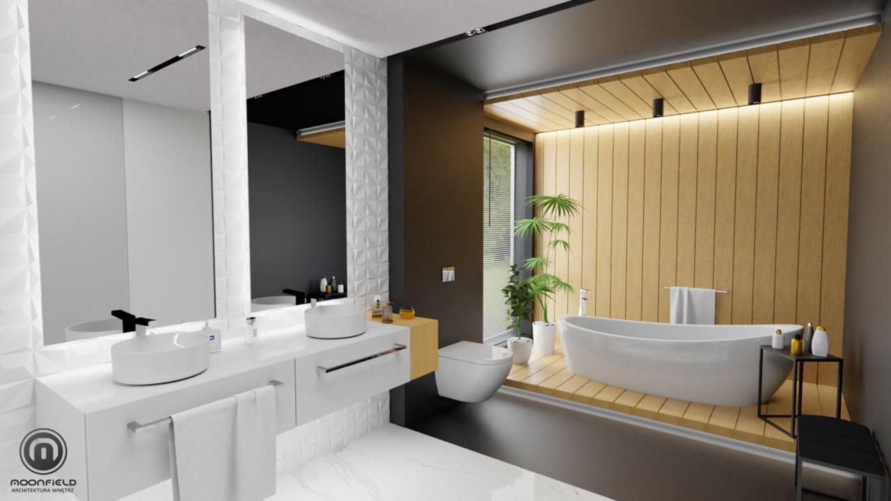 Nowoczesna łazienka z drewnianymi panelami ściennymi, wolnostojącą wanną, podwójną umywalką na białym blacie i lustrami z podświetleniem LED, uzupełniona rośliną doniczkową i minimalistycznym...