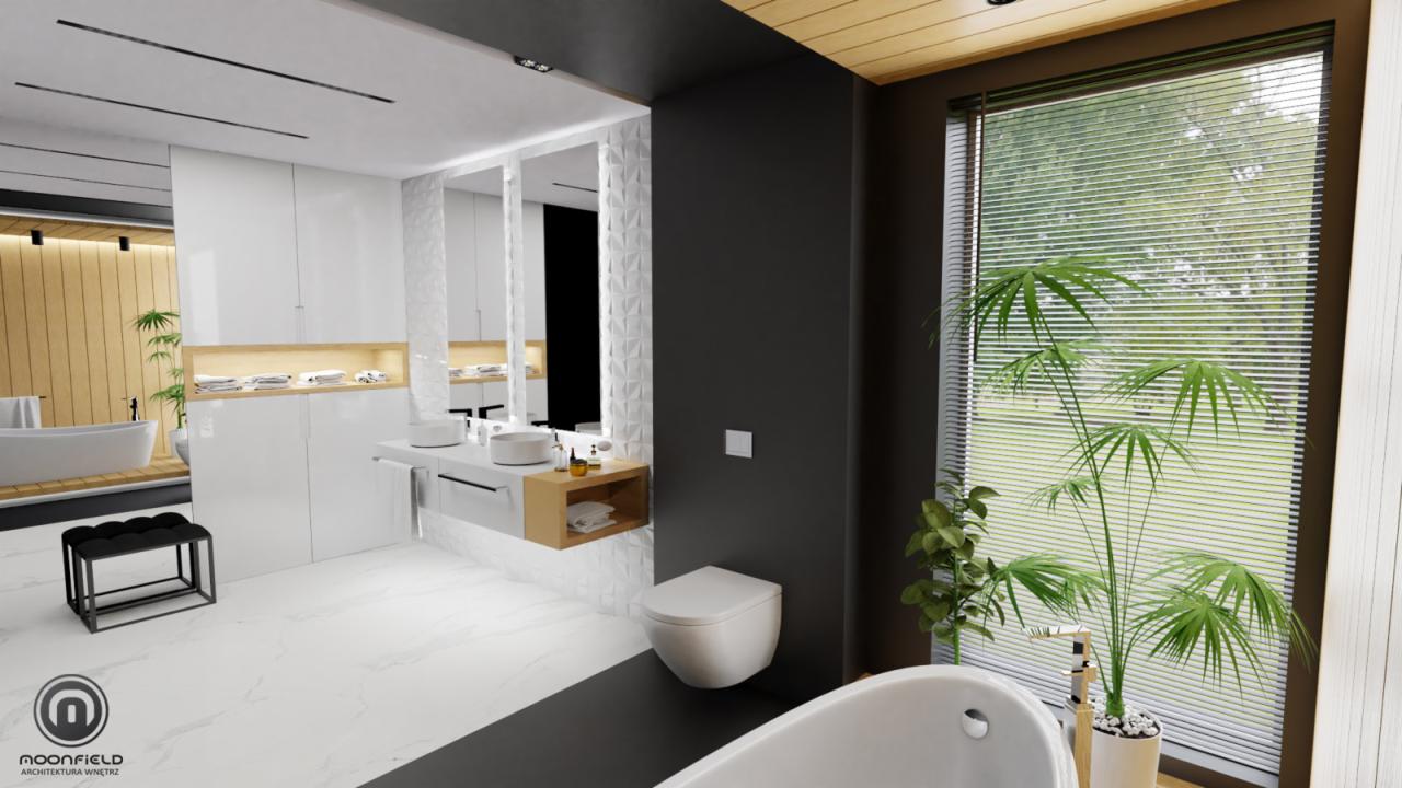 Wizualizacja nowoczesnej łazienki z białymi szafkami, umywalkami nablatowymi, toaletą podwieszaną, roślinami doniczkowymi przy oknie z żaluzjami oraz czarnym akcentem kolorystycznym na suficie...
