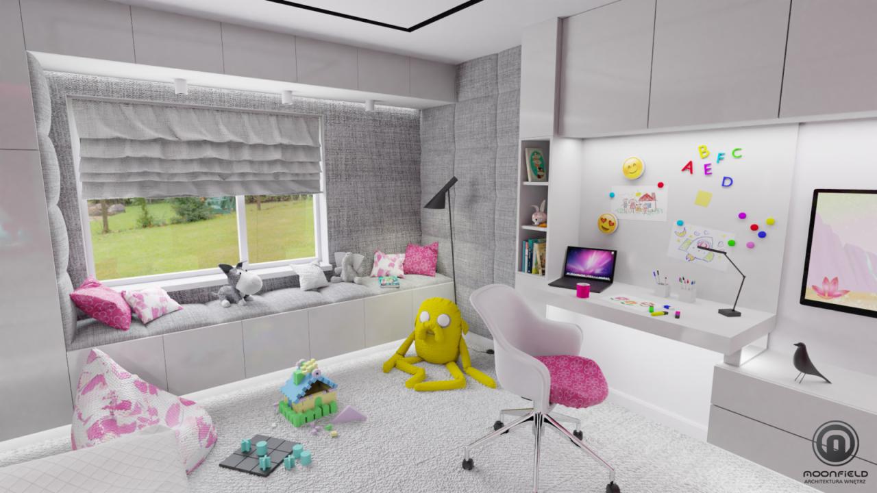 Wizualizacja pokoju dziecięcego z miejscem do spania przy oknie, biurkiem z laptopem i krzesłem na kółkach, zabawki na podłodze, stonowana kolorystyka z akcentami różu i żółci.