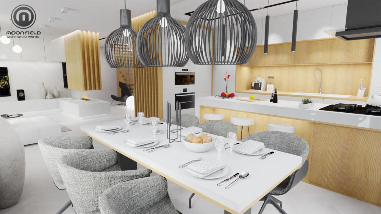 Wizualizacja przestronnego wnętrza z jadalnią, kuchnią i salonem w stylu minimalistycznym, z dominującą bielą i drewnem, oświetlonego trzema ażurowymi lampami wiszącymi. Stół nakryty dla sześciu...