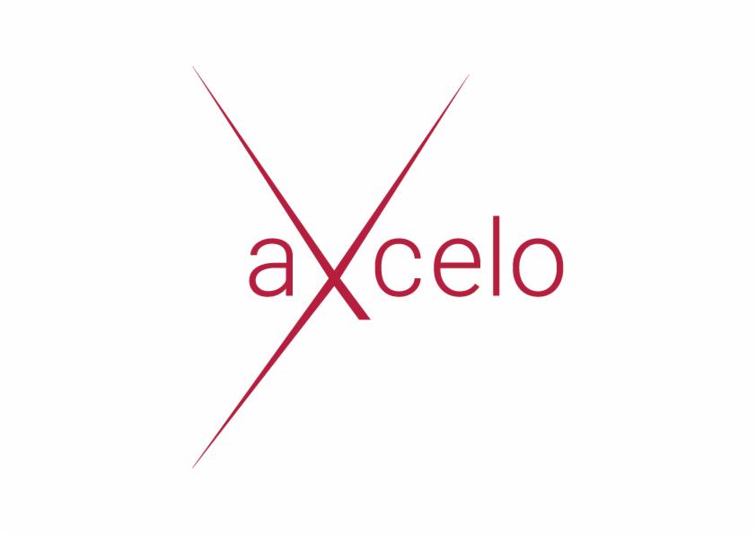 Logo firmy 'axcelo' z czerwonymi liniami przecinającymi nazwę na białym tle.